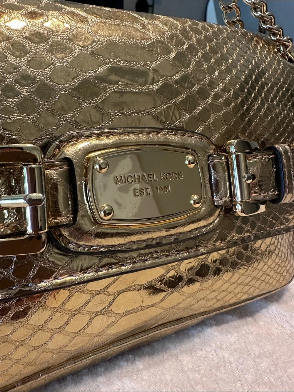 Michael Kors Gold Metallic Snakeskin-Embossed Shoulder Bag